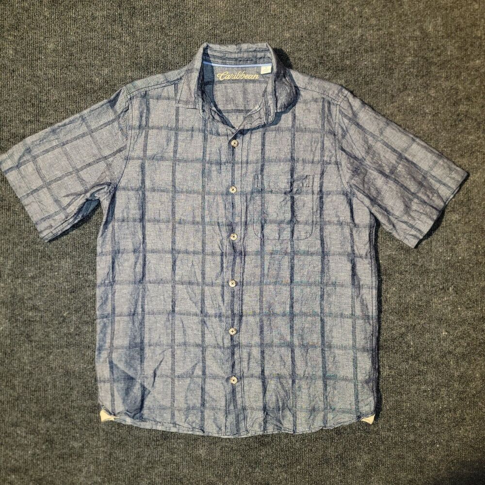Caribbean Men's Blue and Gray Plaid Linen Cotton Short Sleeve Shirt Size S